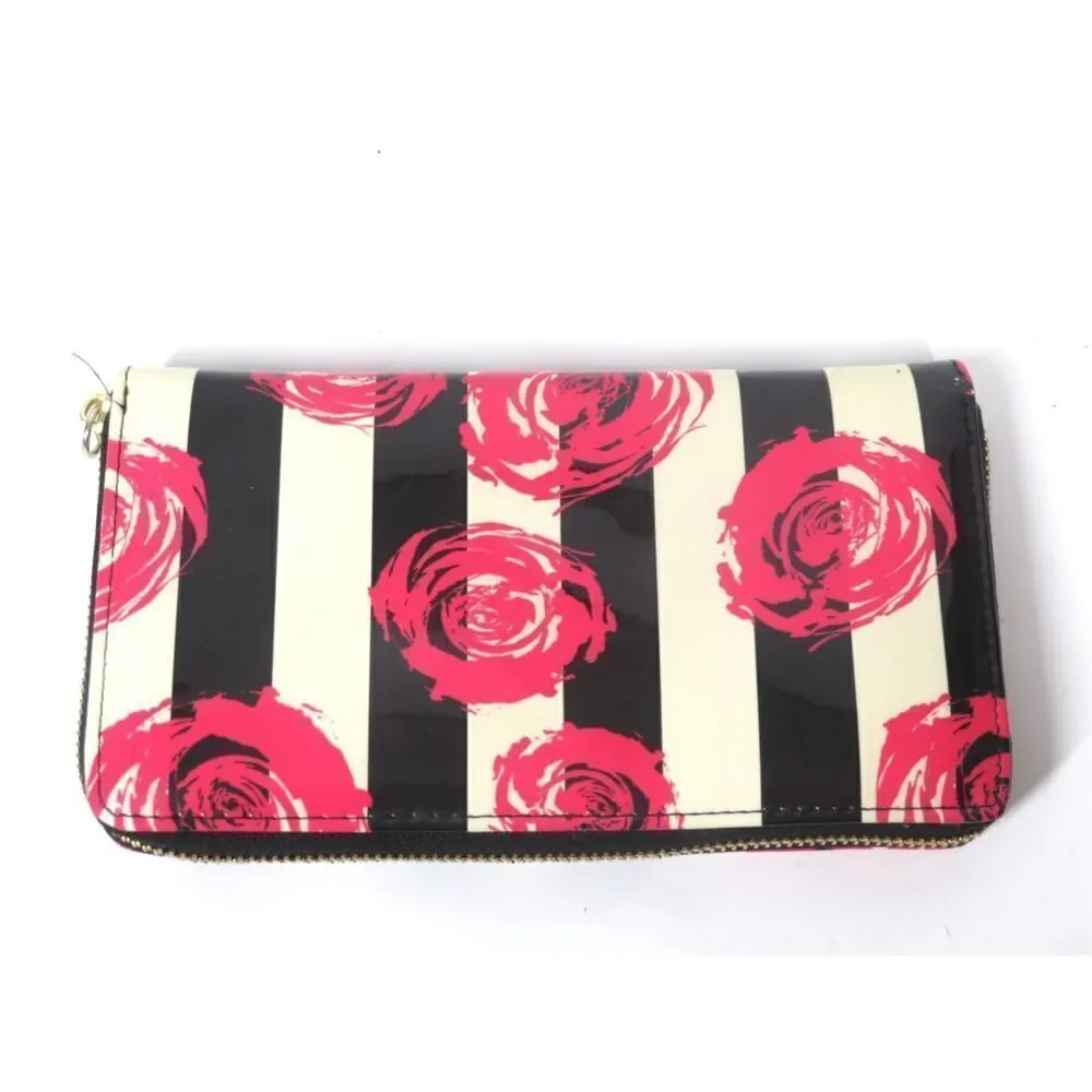 Betsey Johnson Patent Pink Rose Wallet Clutch Black Striped Zip Around 4.5 X 8
